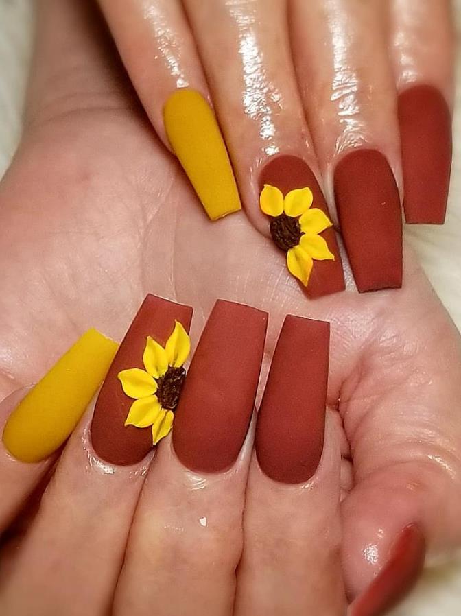 Confident And Vibrant Sunflower Coffin Nails Art Designs In This Summer