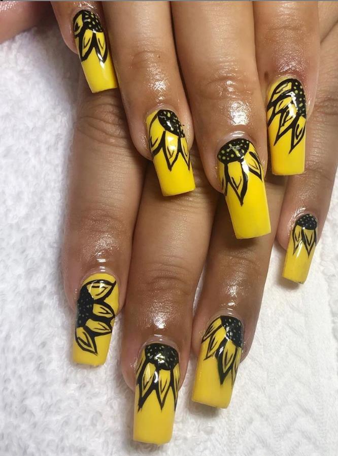 Confident And Vibrant Sunflower Coffin Nails Art Designs In This Summer