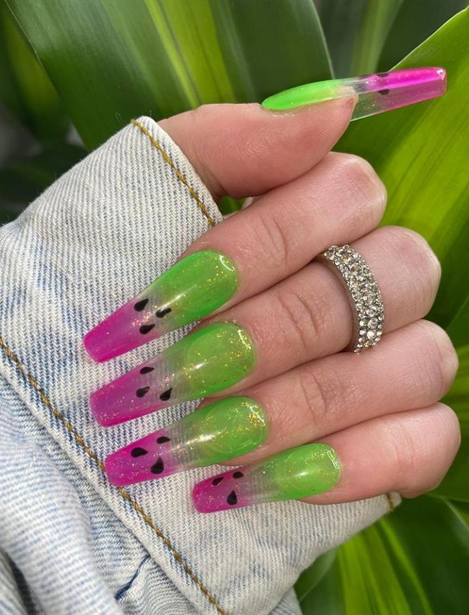 Lovely And Refreshing Fruit Long Coffin Nails Art In Summer - Lilyart