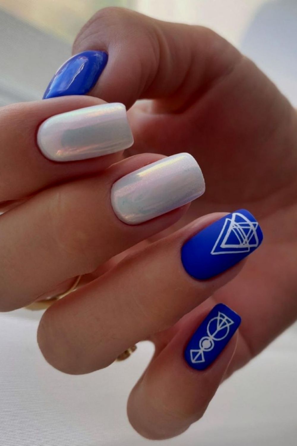White and blue square nails