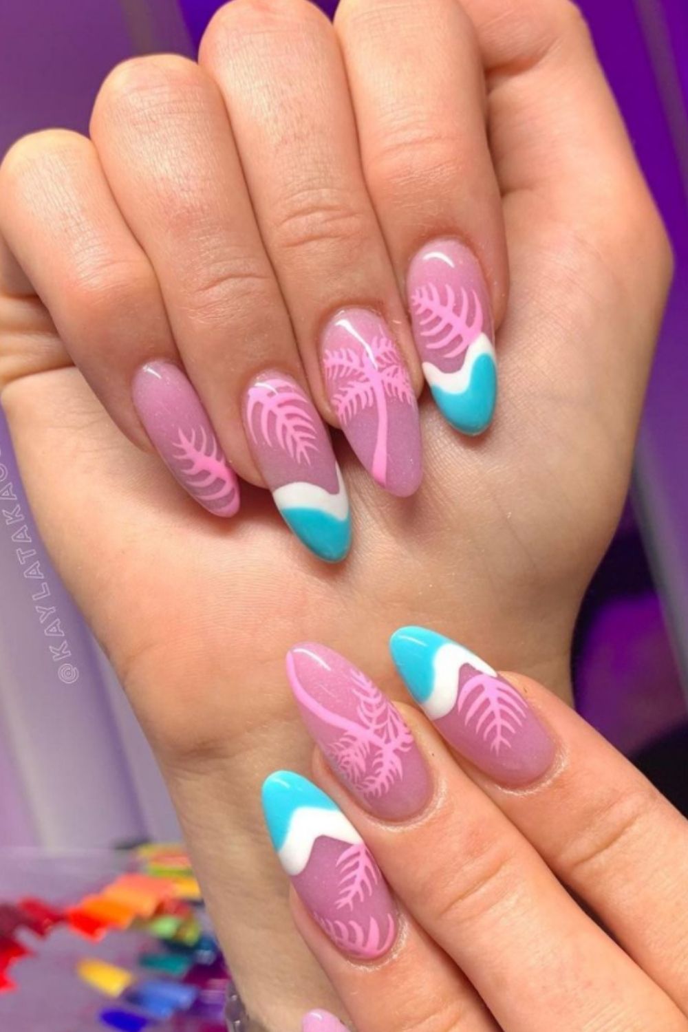 Pink and white,and light blue almond nails designs for beach nails ideas