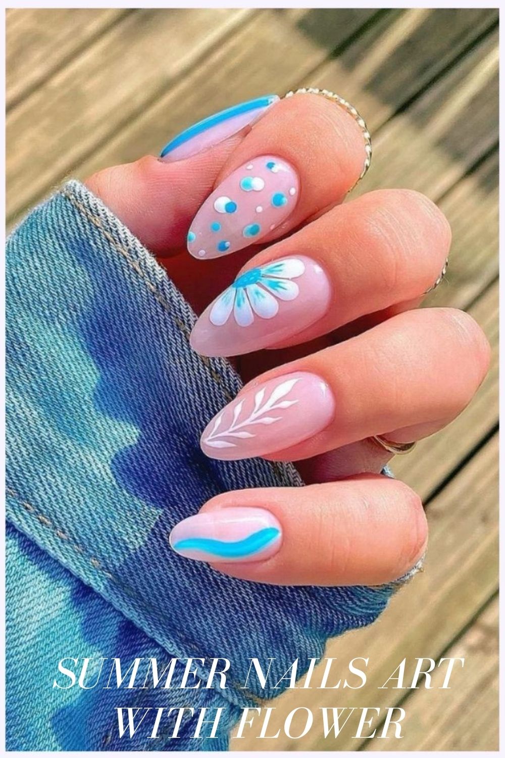 White and blue almond flower nail designs