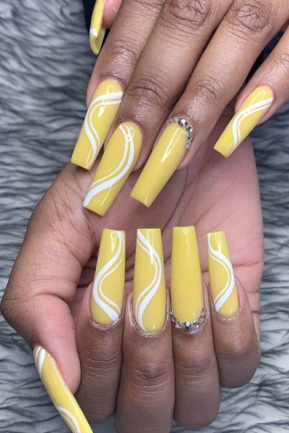 Yellow and white long coffin nails designs