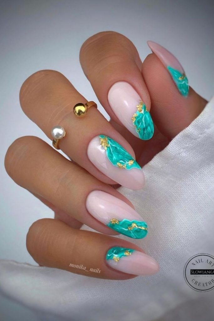 Pink and green almond shape nails