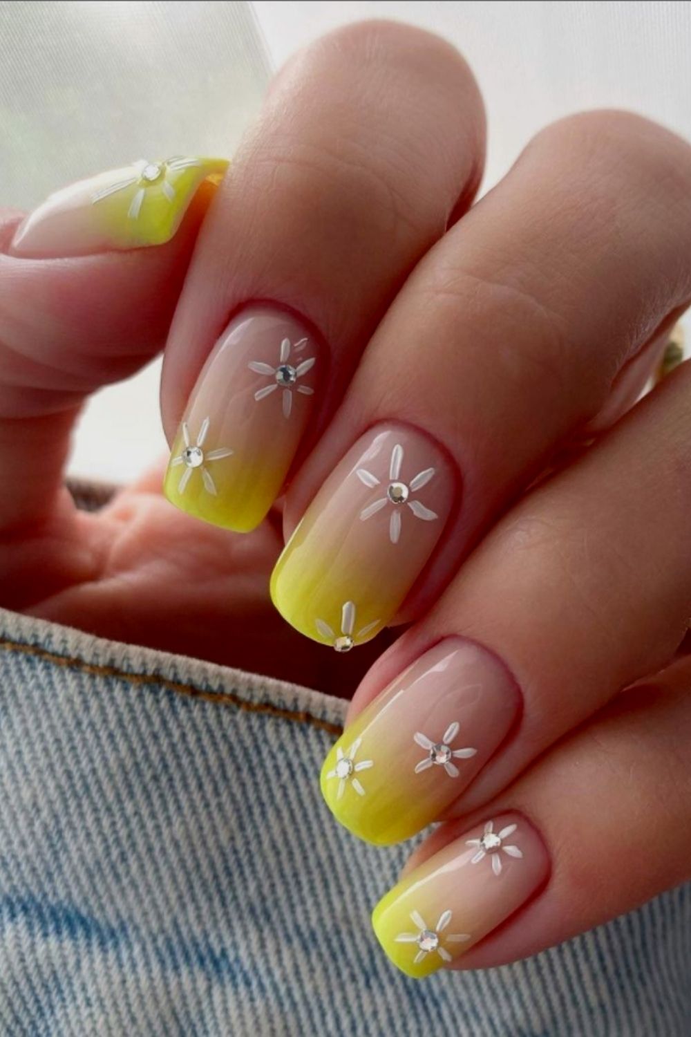 Yellow square nails designs with flower