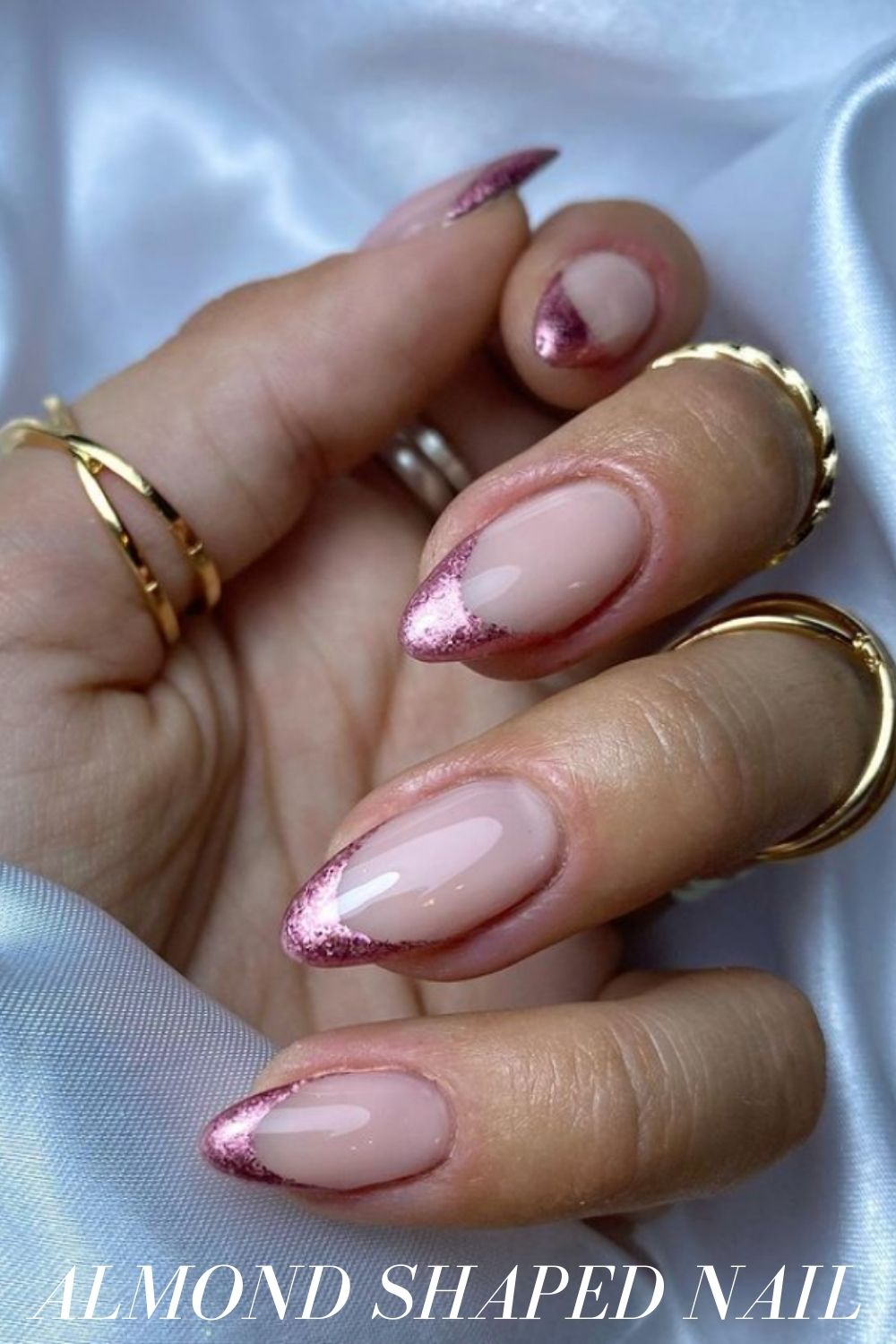 Pink And Gold Almond Nail Design With Gold Glitter Details