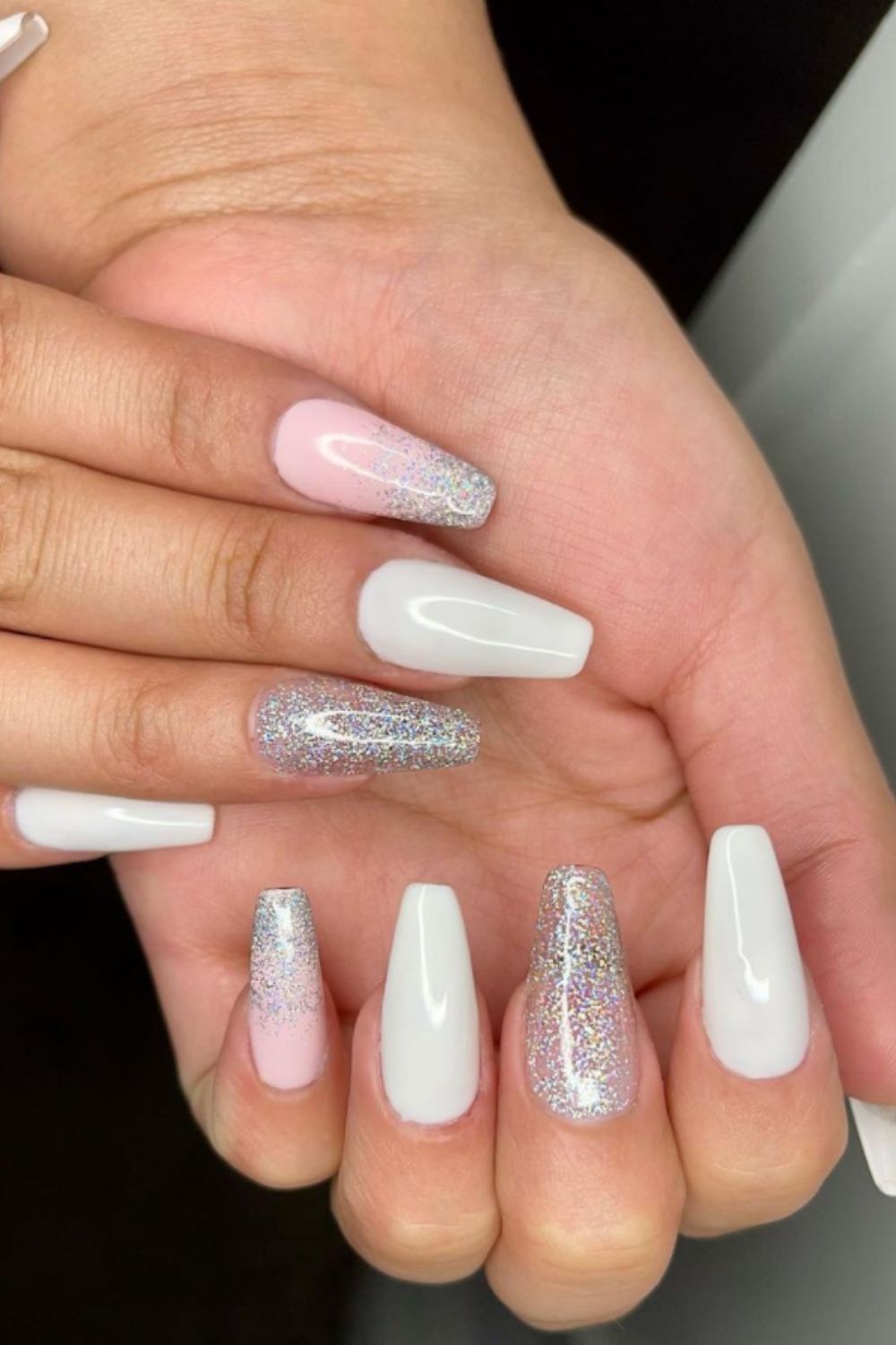 Pretty pink and shiny white nails