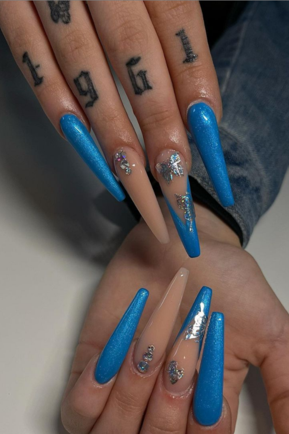 Blue butterfly nails for coffin nails