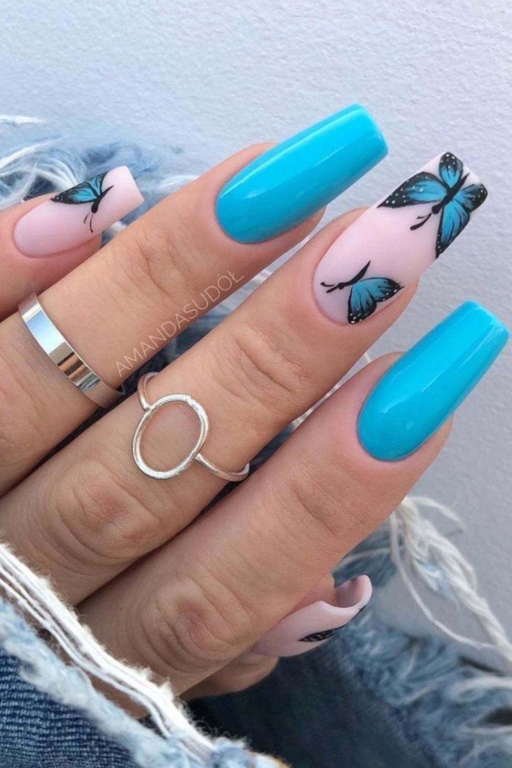 Light blue coffin nails with butterfly