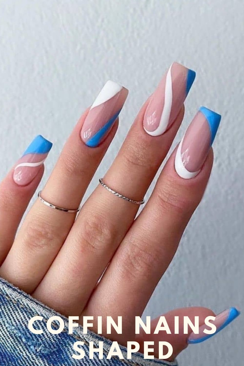 Light blue and white coffin nails