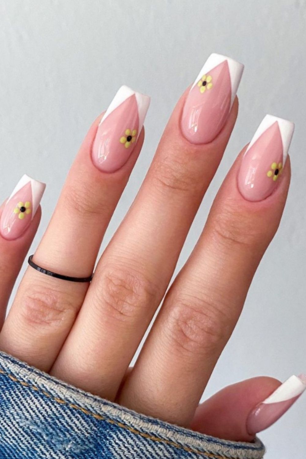 White tip coffin shaped nail art designs with flowers
