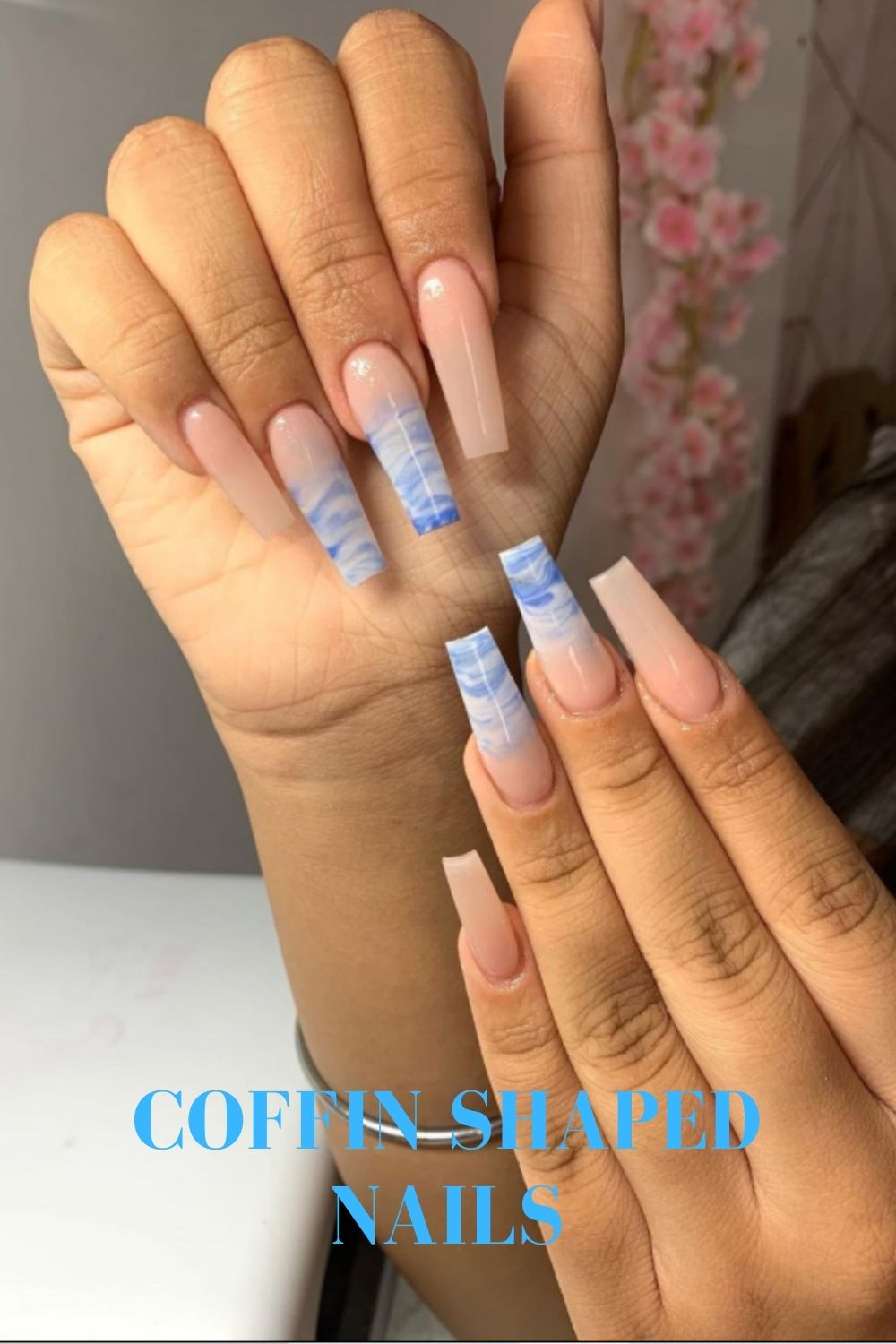 Light blue and pink coffin nail design