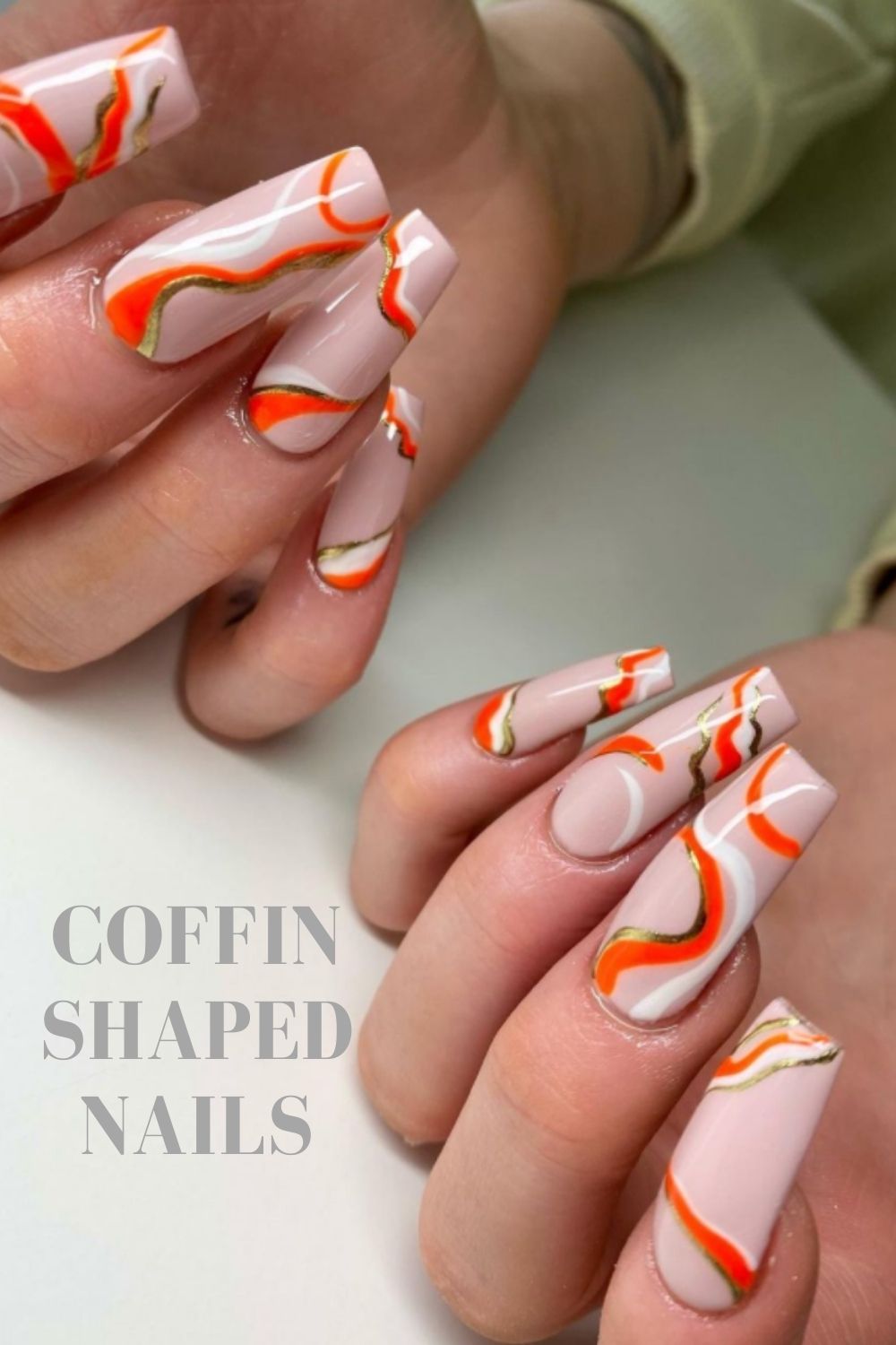 Orange and gold coffin nails