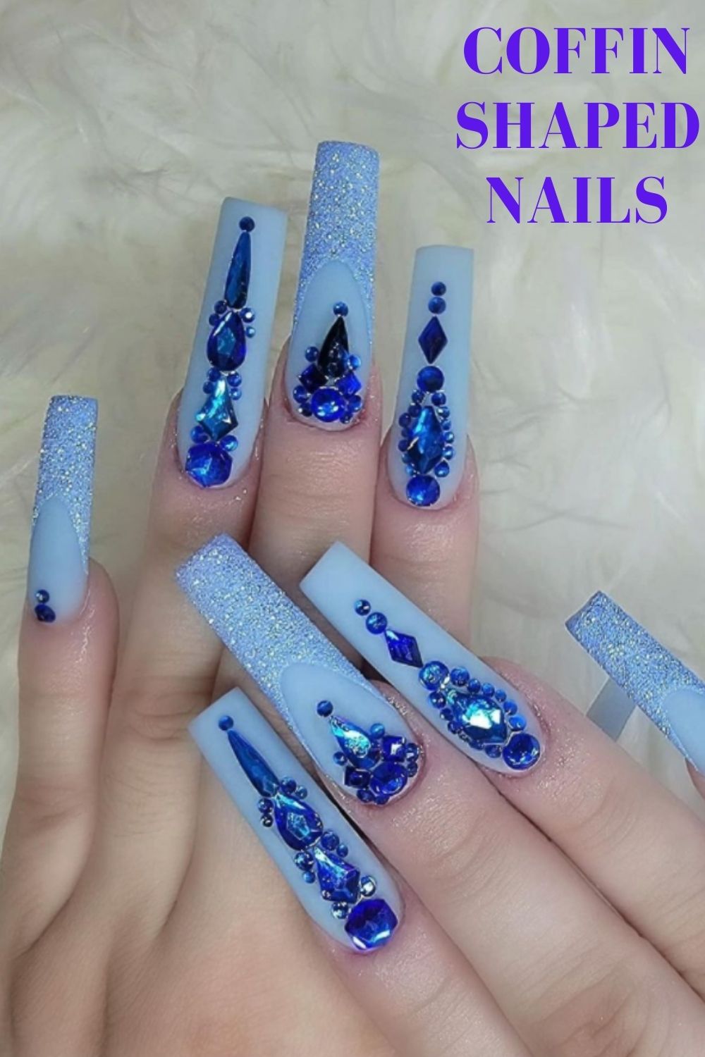 Glitter blue coffin nail design with diamond