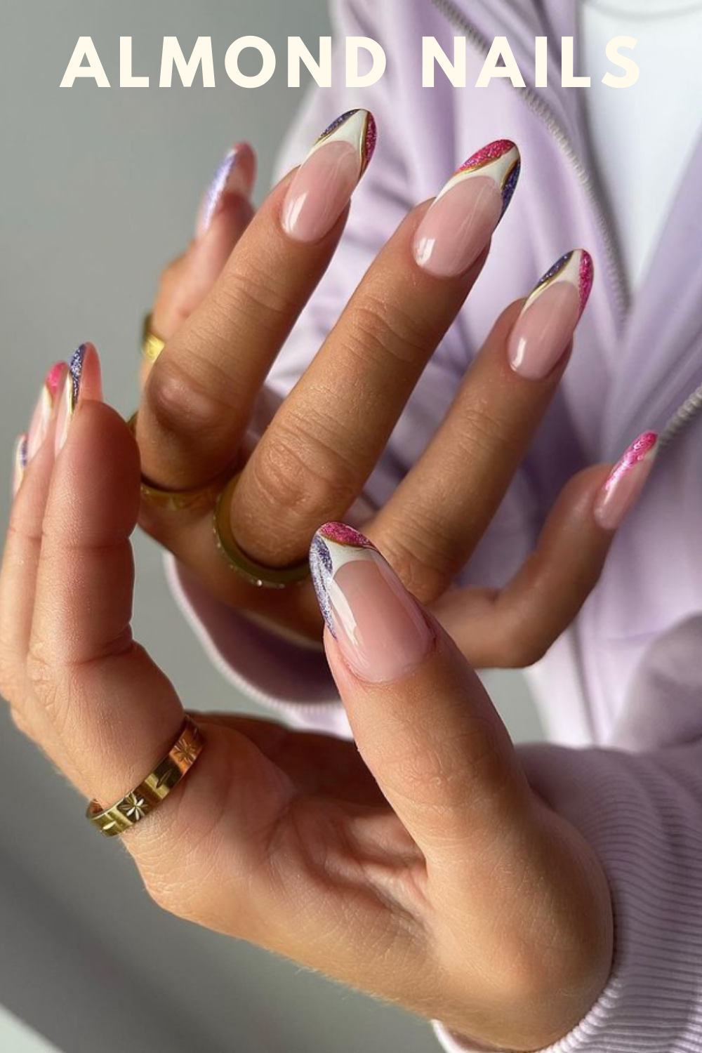 Glitter and white almond nail art design