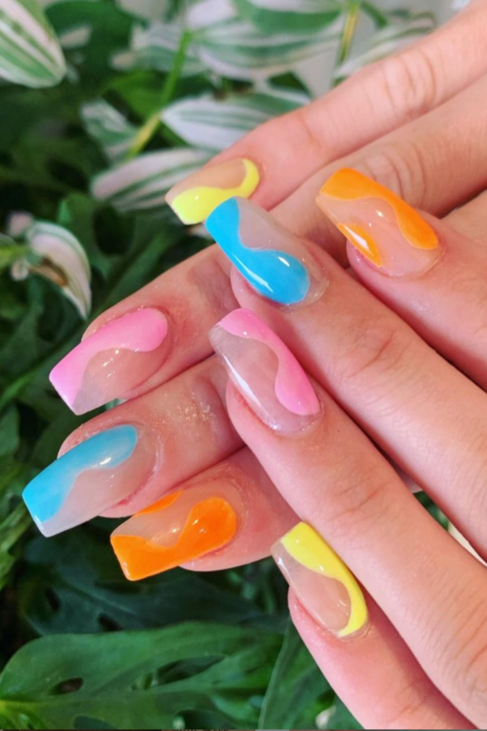 Yellow and orange ,pink short acrylic nails art designs