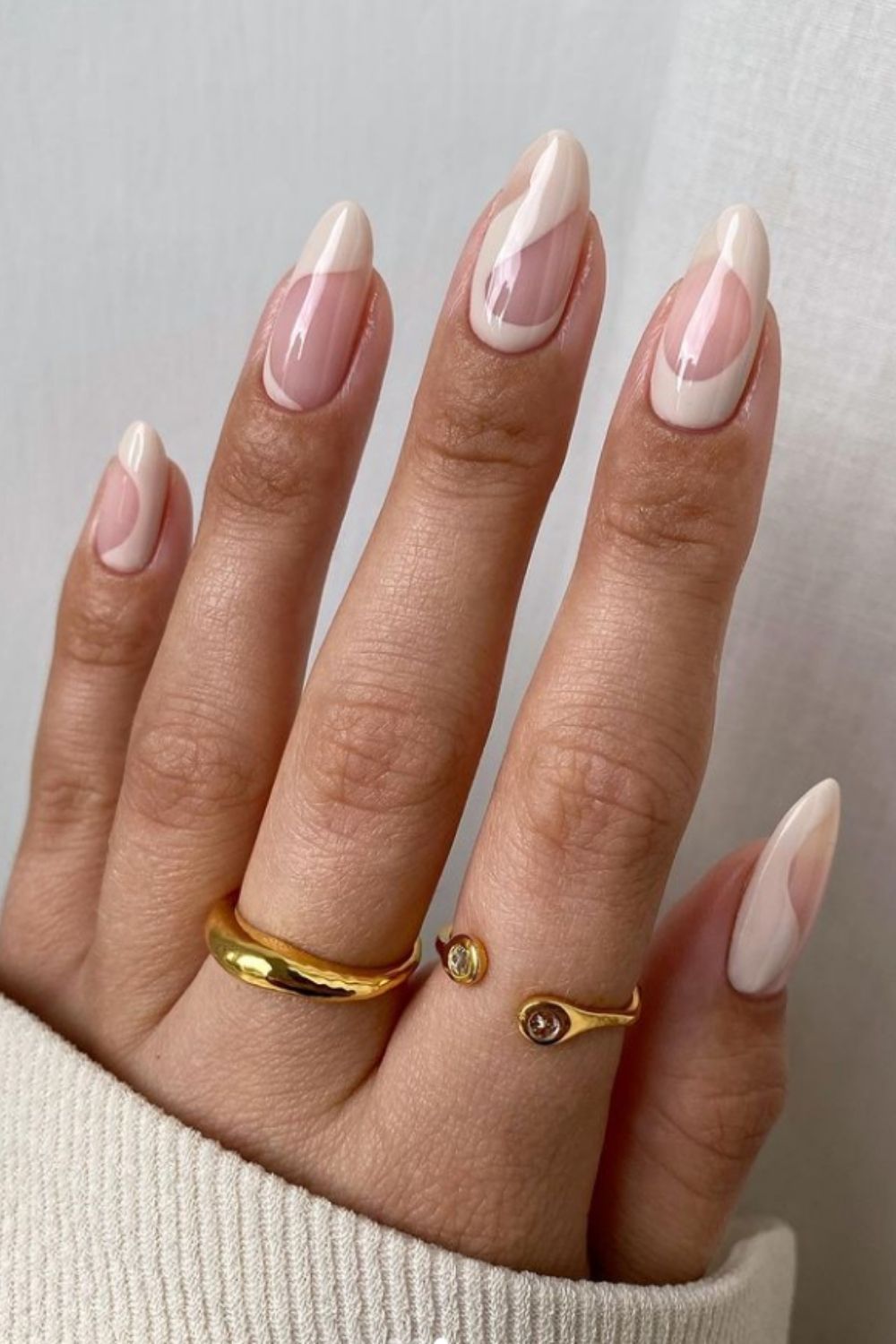 White and nude almond nails art
