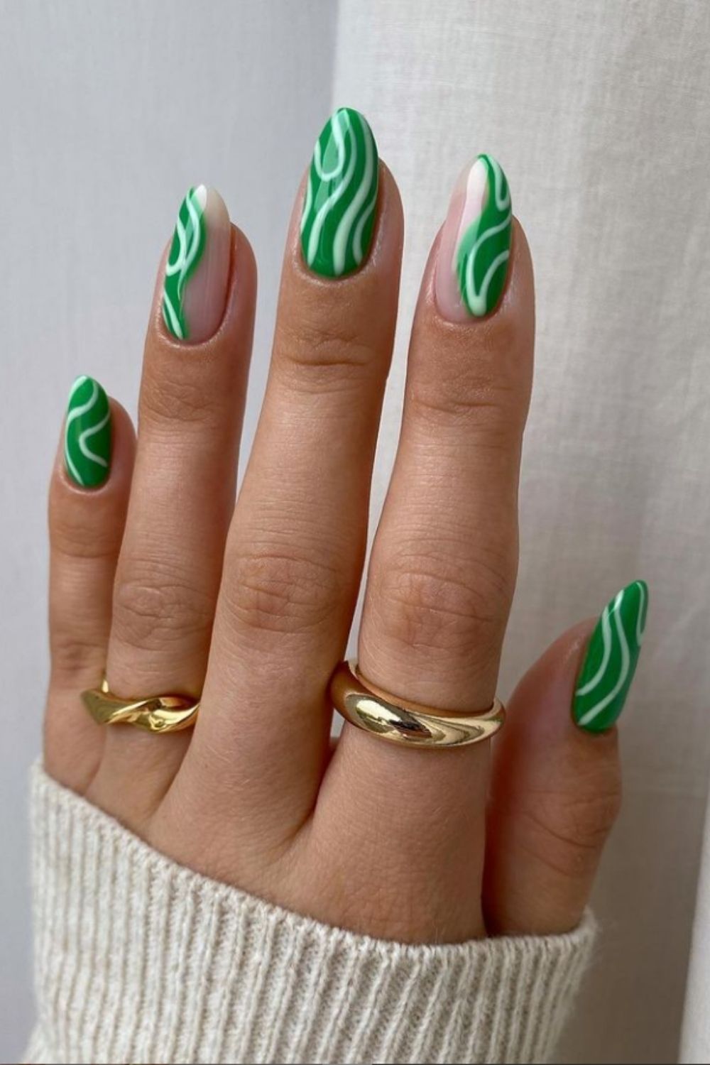 Green and white almond nails 