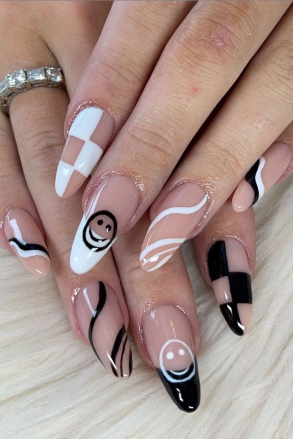 white and black almond nails art