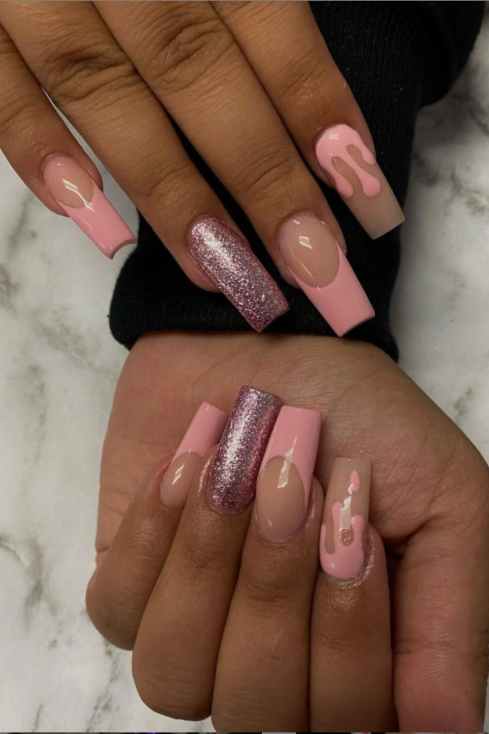 Pink and glitter coffin nails designs